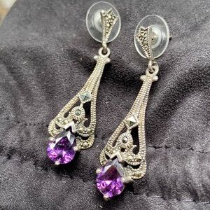 Sterling Silver Amethyst Marcasite Drop Earrings Stud